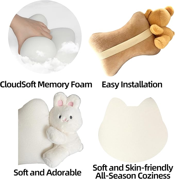 Car Headrest Pillow 2PCS Plush Bear ＆ Bunny Car Seat Headrest Pillow - Memory Foam Neck Support Cushions for Comfortable Driving, Easy Install & Washable (White Rabbit)