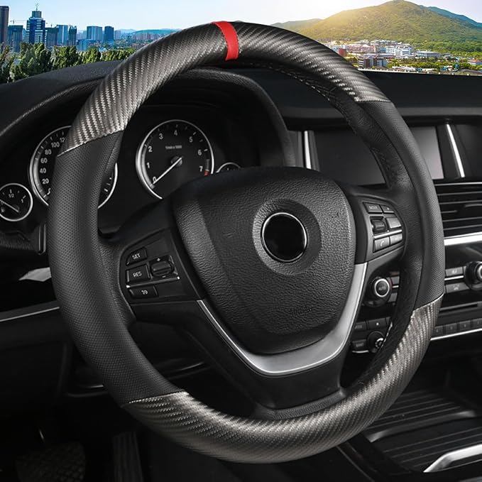 KAFEEK Classic Carbon Fiber Steering Wheel Cover, Universal 15 inch, Breathable Microfiber Leather, Gray