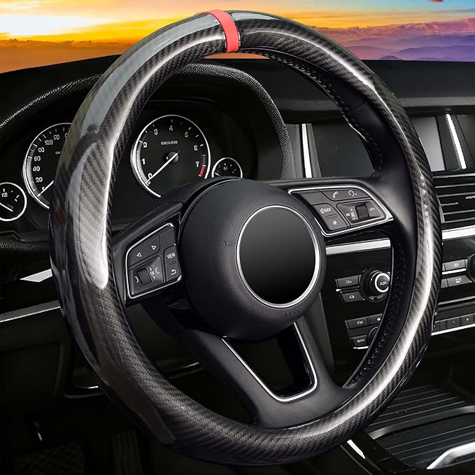 ZHOL Carbon Fiber Car Steering Wheel Cover Small-Size 14"-14 1/4" Compatible with Prius Civic Model 3 Camaro Spark Rogue Mini Smart Audi