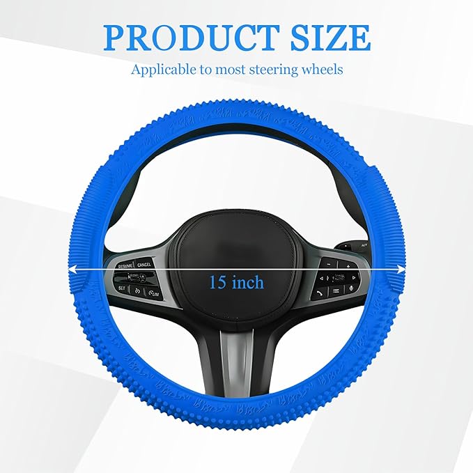 Wuyaoyao Car Steering Wheel Cover, Anti-Slip Silicone Steering Wheel Cover Protector, Non-Slip Massage Grip Auto Wheel Cover Fits 14-15 Inch, Universal Interior Car Accessories (Dark Blue)