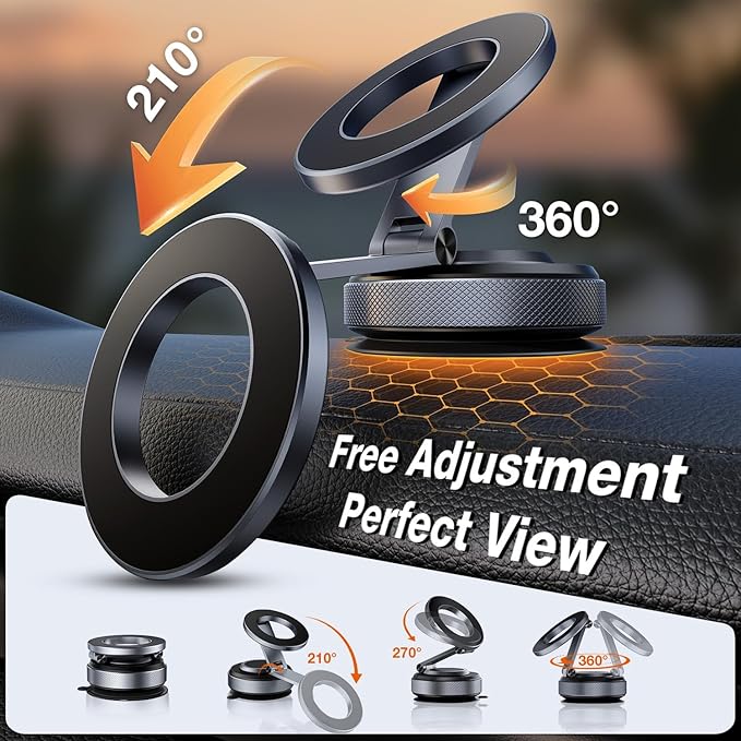 Aerospace Aluminum Magnetic Car Phone Mount for MagSafe [80LBS Vacuum Suction, 3200gf Strong Magnet] 360° Adjustable Car Phone Holder for iPhone 17 16 15 14 13 Pro Max
