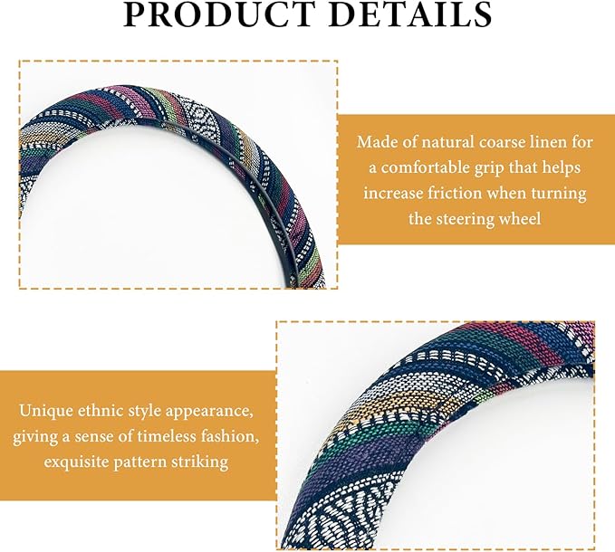 Boho Steering Wheel Cover, 15 Inch Coarse Flax Cloth Ethnic Style Anti-Slip Car Wheel Wrap, Universal Breathable Bohemian Steering Wheel Protector for Cars Vans Trucks (B)