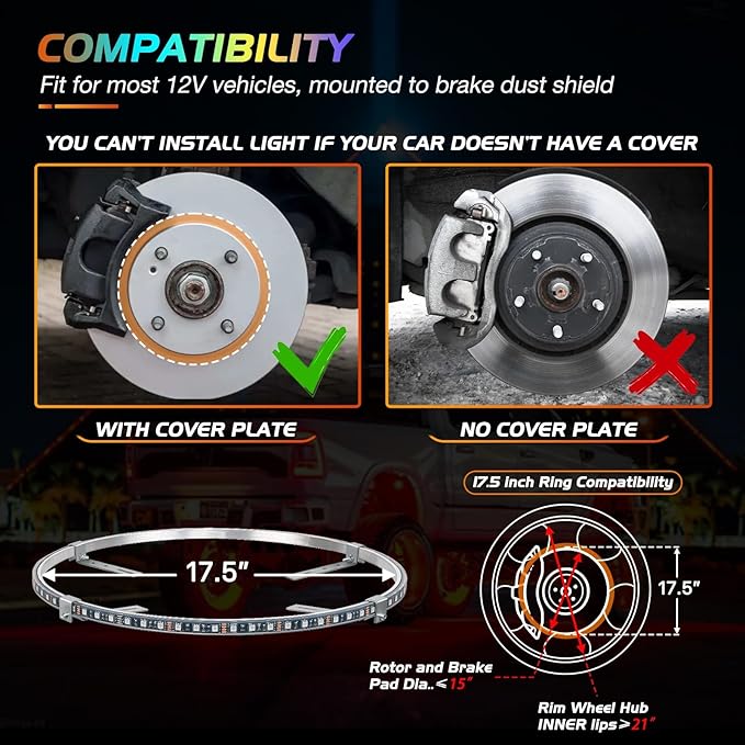 Nilight 4PCS 17.5inch LED Wheel Ring Lights RGB with APP and Remote Control Neon Lights Million Colors w/Turn Signal and Braking Function for Car Van SUV Truck
