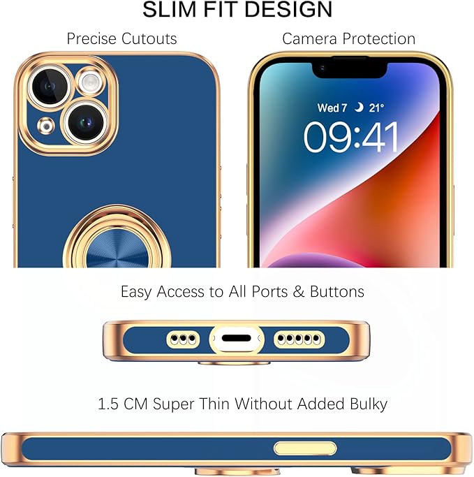 VENINGO iPhone 14 Case,Phone Cases for iPhone 14,Slim Fit Soft 360° Ring Holder Kickstand Magnetic Car Mount Supported Easy Clean Shockproof Protective Cover for Apple iPhone 14 6.1" 2022, Deep Blue
