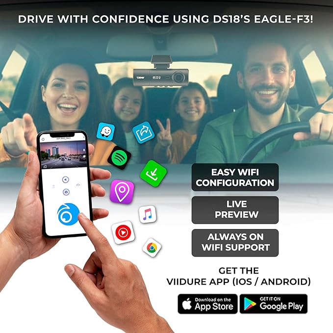 DS18 Eagle-F3 4K Dash Cam Triple Front Cabin and Rear, WiFi GPS Dash Cam with Night Vision, 24/7 Parking Mode, G-Sensor, Loop Recording, Includes 64GB microSD Card