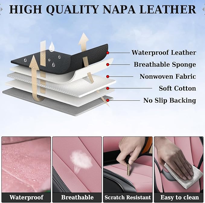 Coverado Universal Seat Covers Front, 2-Pack Universal Seat Covers for Cars, Waterproof Nappa Leather Car Seat Covers with Head Pillow, Auto Protectors Fit for Most Sedans Pick-up Truck-Black&Pink