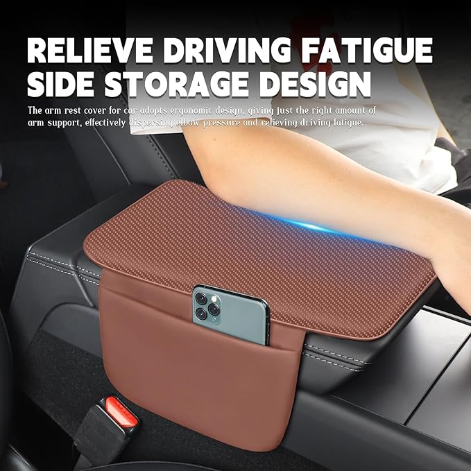 Car Armrest Cover Pad - Nappa Leather Car Center Console Cover with Breathable Holes, Non-Slip Auto Arm Rest Cushion, Universal Car Interior Accessories Fit forTesla Model Y (Dark Brown)