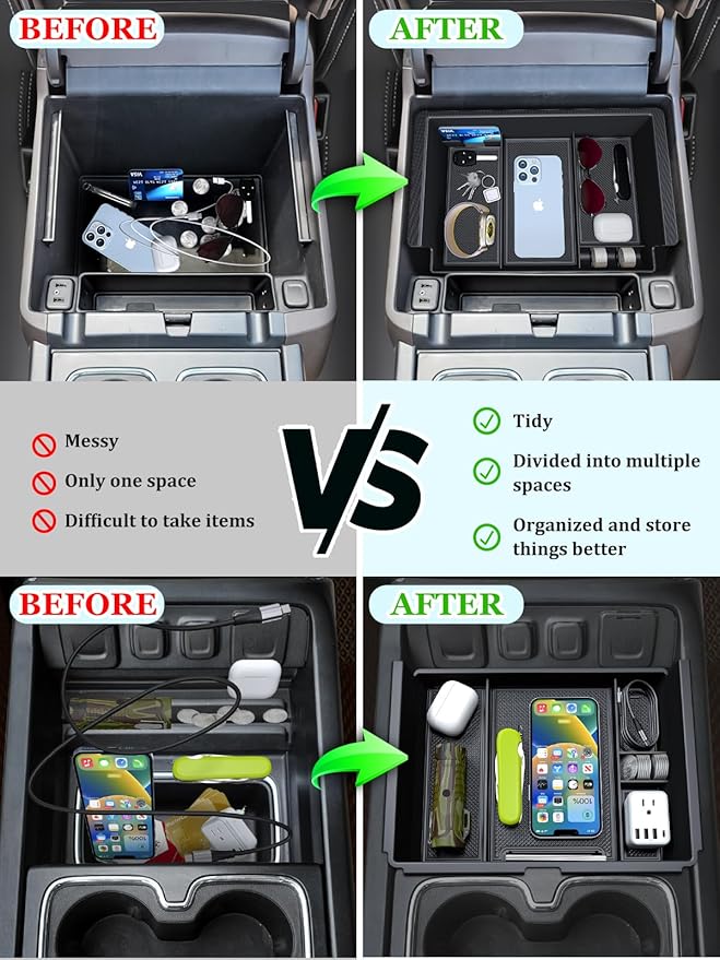 Sinvanho 2PCS Center Console Organizer Compatible with Chevy Silverado/GMC Sierra 2014-2018 1500/2500/3500HD Armrest Box Storage Tray, Truck Accessories, Full Console w/Bucket Seats Only
