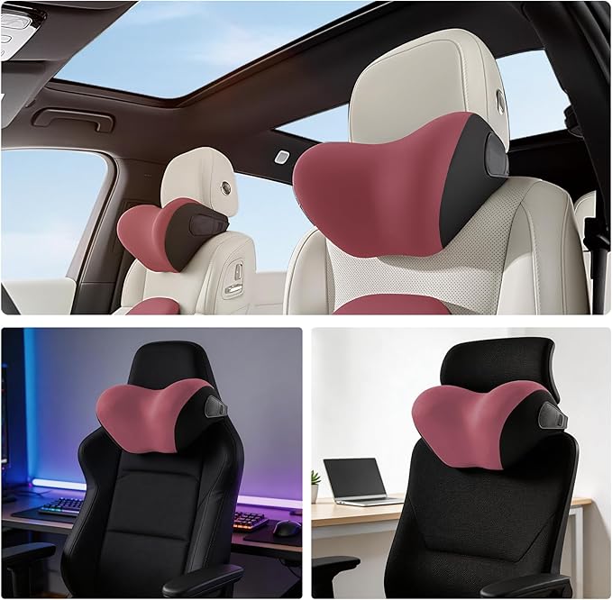 BEBAS Car Headrest Pillow, Memory Foam Neck Support Pillow for Cars - Ergonomically Designed for Long Drives, Travel & Commuting, Pain Relief with Removable & Washable Cover (Red)