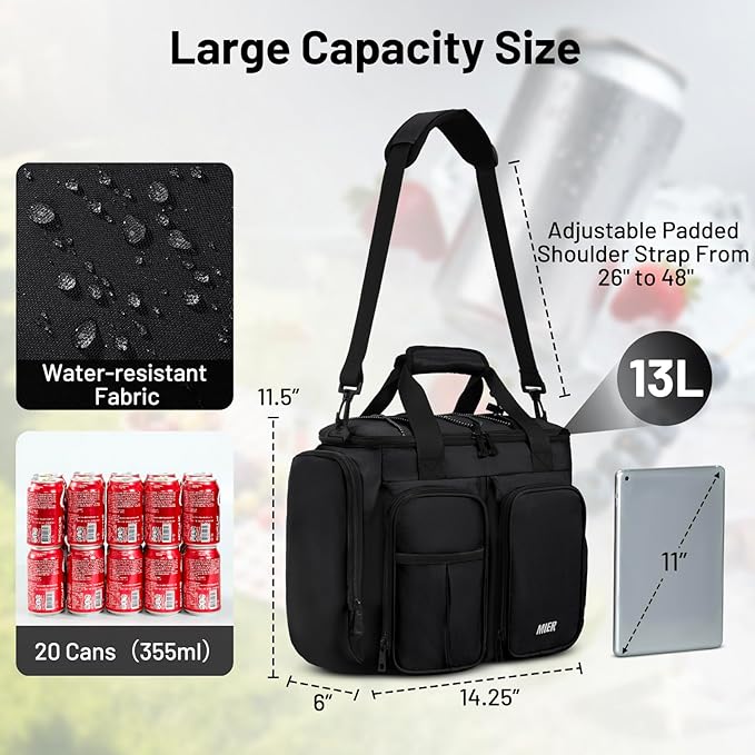 MIER Lunch Box for Men Heavy Duty Insulated Lunch Bag 20 Cans Large Leakproof Soft Cooler Bags with Multiple Pockets for Picnic Work Travel (Black)