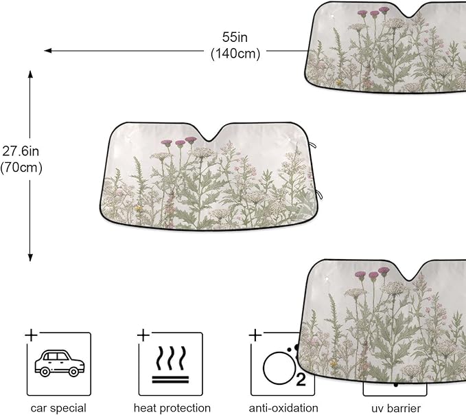 xigua Vintage Colorful Herbs Wild Flowers Floral Car Windshield Sunshade Foldable Front Window Sun Visor Protector for Car,SUV,Truck - Keep Vehicle Cool,55 x 27.6 Inch