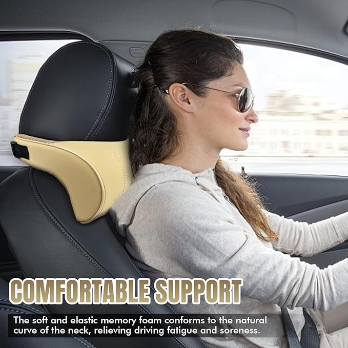 Car Neck Pillow with Memory Foam, Soft Comfortable Headrest Pillow for Driving, Ergonomic Design, Auto Seat Neck Support Pillows Head Rest Cushion with Breathable Leather Cover (Beige)
