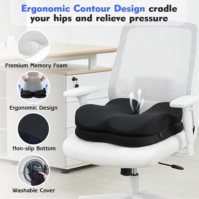 Office Chair Cushion & Car Seat Cushion - Memory Foam Dual-Layer Ergonomic Seat Cushion for Tailbone Pain Relief, Coccyx Support, Soft Yet Firm Comfort for All-Day Sitting