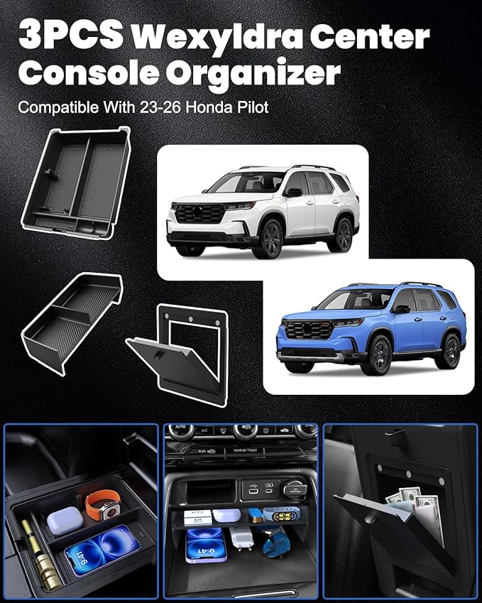 3PCS Center Console Organizer Set Accessories Compatible with Honda Pilot 2023–2026 & Honda Passport 2026 – Includes Dash Tray, Hidden Storage Box & Center Console Divider, Keep Your Cabin Neat