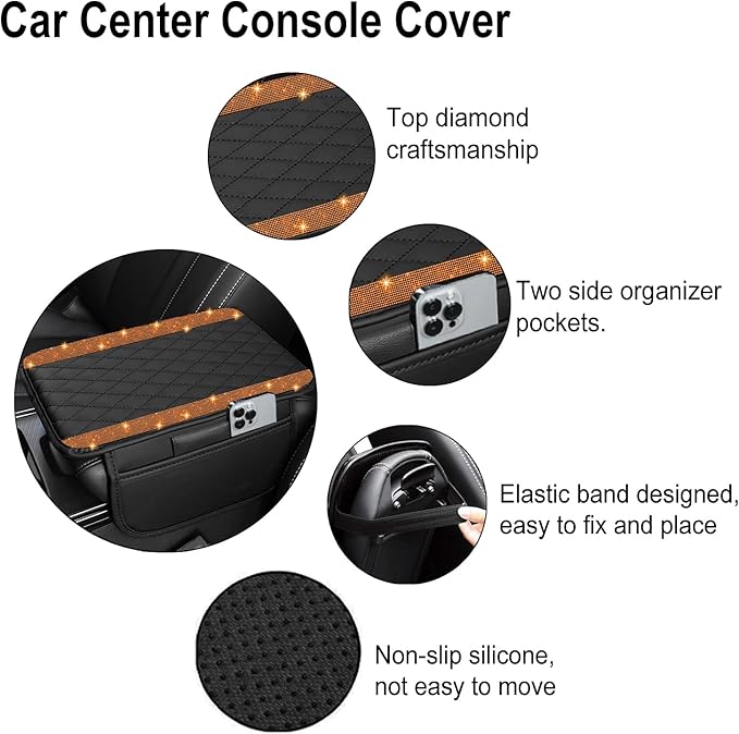 NBTEPEM Bling Car Center Console Cover, Leather Car Arm Rest Cover Cushion with 2 Storage Bags, Universal Auto Armrest Protector Storage Box, Bling Accessories Interior for Most Vehicles (Orange)