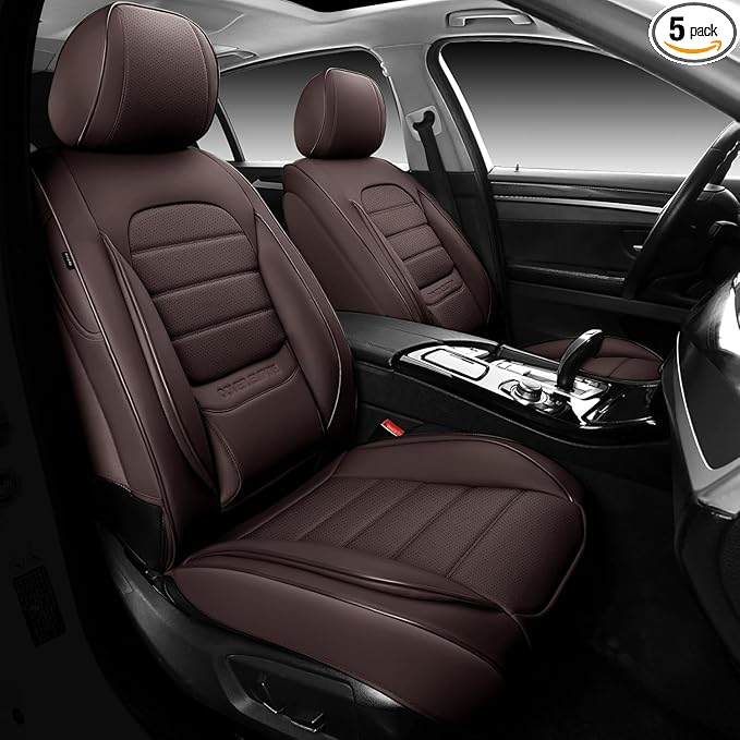 Brown Car Seat Covers Full Set, Universal Faux Leather Seat Covers for Cars 5 Seats, Waterproof Leather Car Seat Covers, Comfortable Automotive Seat Covers for Most Sedans Trucks SUVs