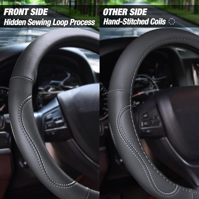 Elantrip Black Stitching Steering Wheel Cover - Universal Fit for 14 1/2 inch to 15 Inch Steering Wheels, Enhances Grip, Protects Steering Wheel, Adds Style