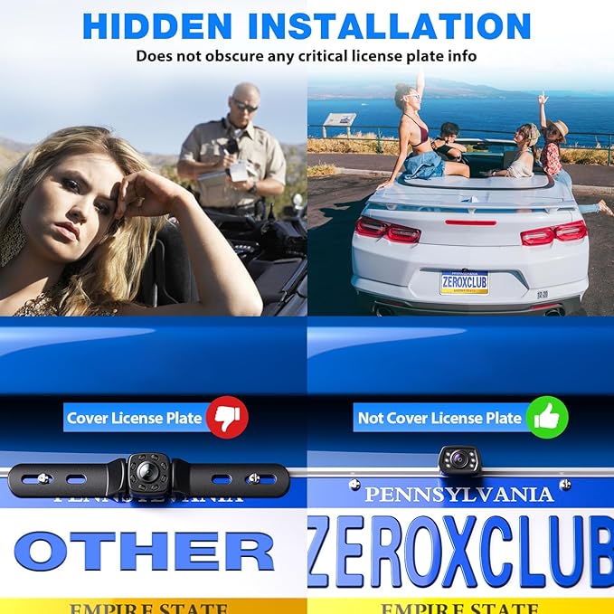 ZEROXCLUB Car Backup Camera 6 Auto LED Lights Night Vision, IP69 Waterproof Wired License Plate Rear View Camera 149° Wide View Reversing Camera for Car Pickup Truck SUV-B2