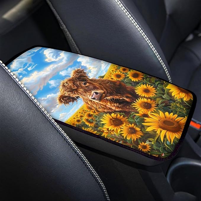 Highland Cow Car Center Console Armrest Cover Pad Universal Decorative Armrest Cover Pad Cute Cow Automotive Accessories Decoration for Truck Sedan SUV