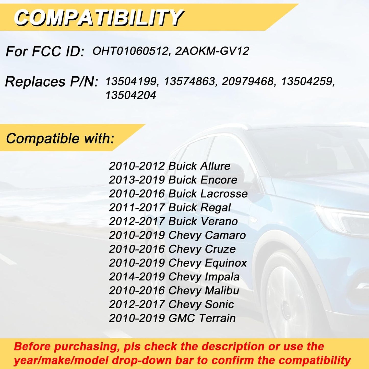 Key Fob Replacement for 2014-2019 Buick Encore/ 10-12 Allure/ 10-16 Lacrosse/ 11-17 Regal/ 12-17 Verano/ 10-19 Chevy Equinox Camaro/ 11-16 Cruze Malibu/ 14-19 Impala/ 12-17 Sonic Keyless,2Pcs
