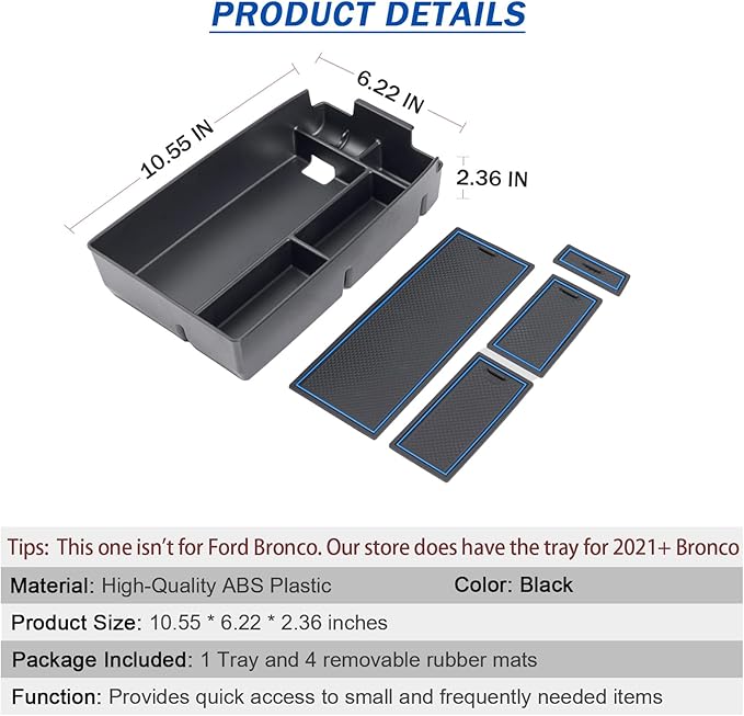 TOPINSTALL Blue Center Console Tray Compatible with Ford Escape 2020-2026 / Bronco Sport 2021-2025 Accessories, Long Compartment Storage Organizer Coin Container (Not for 2026 Sport)