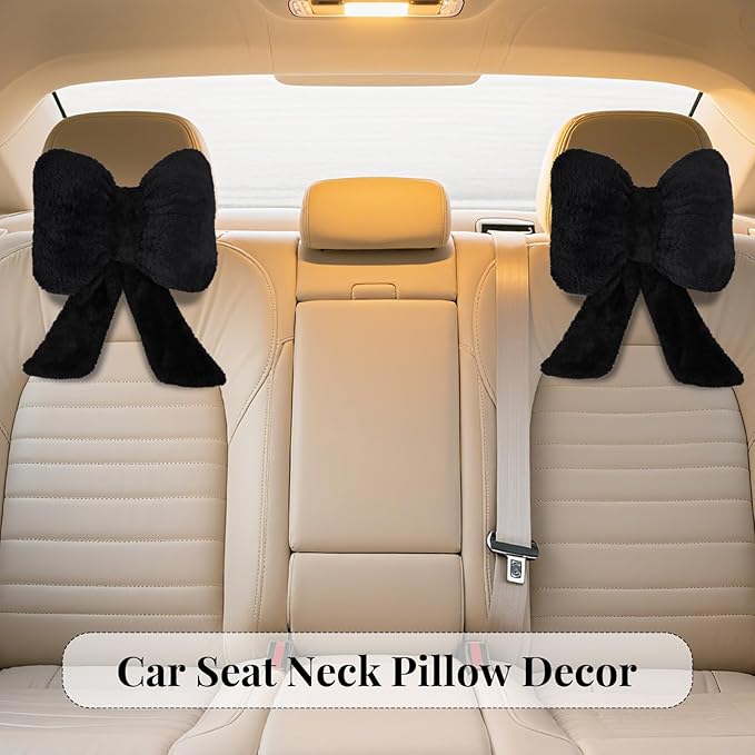 2 Pack Bow Car Headrest Pillows Plush Car Neck Pillows for Travel Driving Office Chair Head Support Cushions, Also Cute Car Decor Accessories (Black)