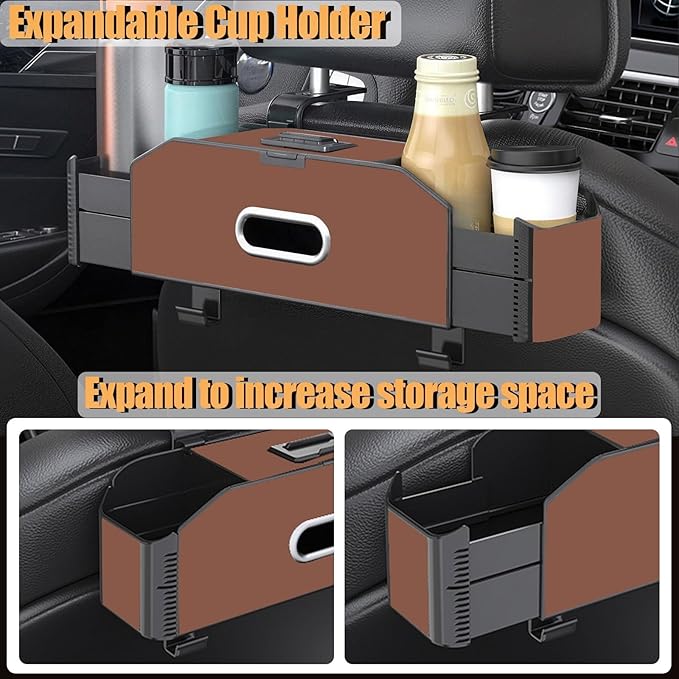 Back Seat Car Organizer,5 in 1 Multifunctional Car Back Seat Storage Box with Trash Can Drink Cup Holder Tissue Box, for Hold Phone,Snacks, Drinks, Handbag-Brown