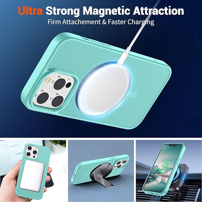 SUPFINE Magnetic for iPhone 13 Pro Case (Compatible with MagSafe) (Military Grade Drop Protection) Slim Translucent Matte Shockproof Phone Cover,Blue Green