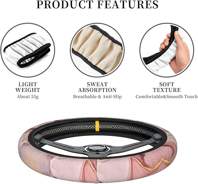 Gold Pink Marble Steering Wheel Cover Women Men Elastic Stretch Soft Car Wheel Protector Universal Breathable No-Slip Car Accessories for Truck Van SUV Auto Fit 14-15 Inches