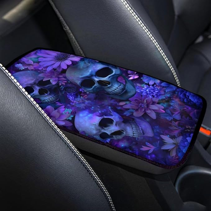 Skull Daisy Print Car Center Console Armrest Cover Scratch Proof Neoprene Armrest Cover Pad for Truck Sedan SUV, Universal Car Interior Decor Accessories