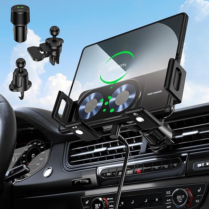 Wireless Car Charger Mount, 15W Dual Coil One-Touch Rotatable Car Phone Holder Wireless Charger for Samsung Galaxy Z Fold 7/6/5/4/3/2, Z Flip, S25/S24/S23/S22, iPhone, Car Charger Included