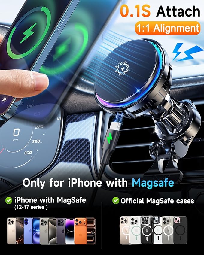 for MagSafe Car Mount Charger, [TEC & Fan Cooling] 15W Fast Charging Magnetic Wireless Car Charger, [3800gf Ultra Magnet] Magnetic Phone Holder for Your Car, 360° Vent Car Bracket for iPhone & Android