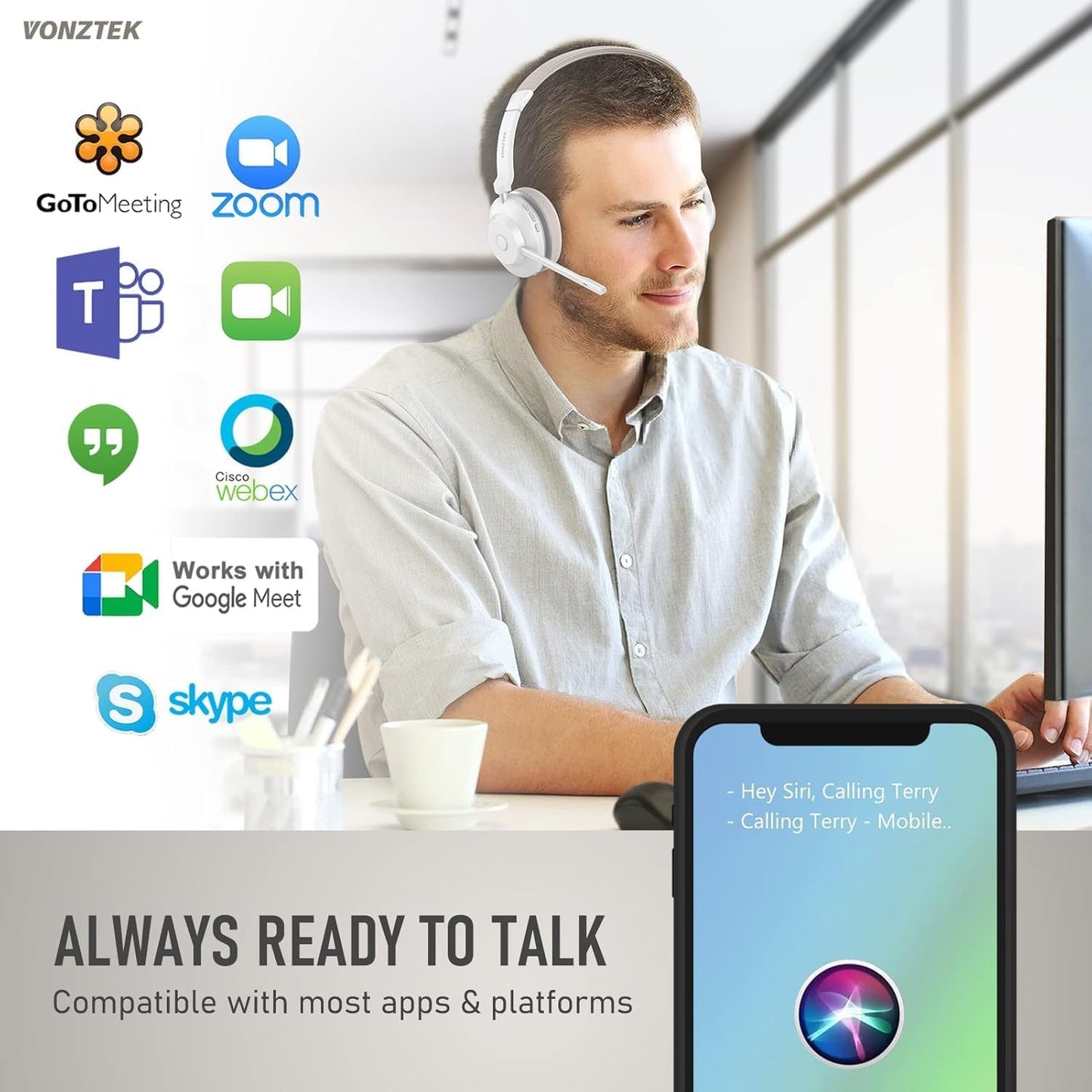 Bluetooth Headset, Wireless Headset with Dual Noise Canceling Microphone for Work &USB Dongle, QCC 5.2 Bluetooth Headphones with Mic Mute/Charge Dock for Computer Cell Phone Office Call Meetings Teams