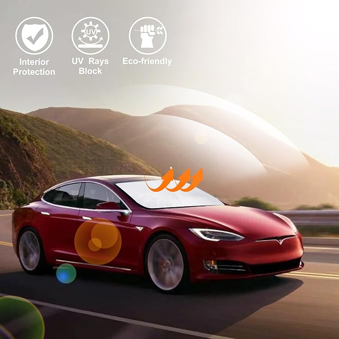 Windshield Sun Shade Custom Fit 2012-2024 2025 2026 Tesla Model S Accessories (Fit Long Range/LR Model) Foldable Sunshade Sun Blocker Visor Protector