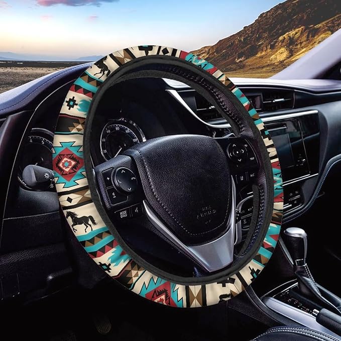 SEANATIVE Universal Steering Wheel Cover, Easy to Disassemble, Non-Slip Soft Steering Wheel Cover, Blue Aztec Hores Auto Decor Accessiores