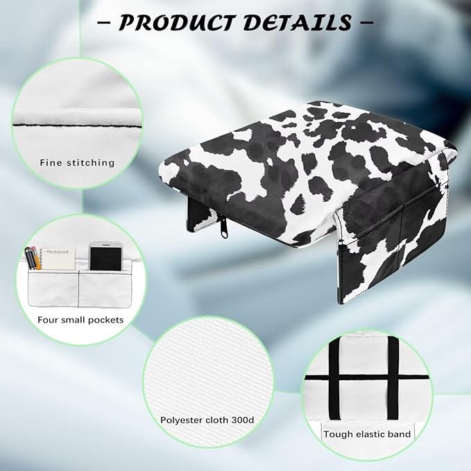 Wanyint Black White Cow Print Auto Center Console Pad Soft Armrest Box Mat Protector Non-Slip Middle Console Cover with Pockets Storage Bag Hand Rest Pillow Automobile Decor Accessories