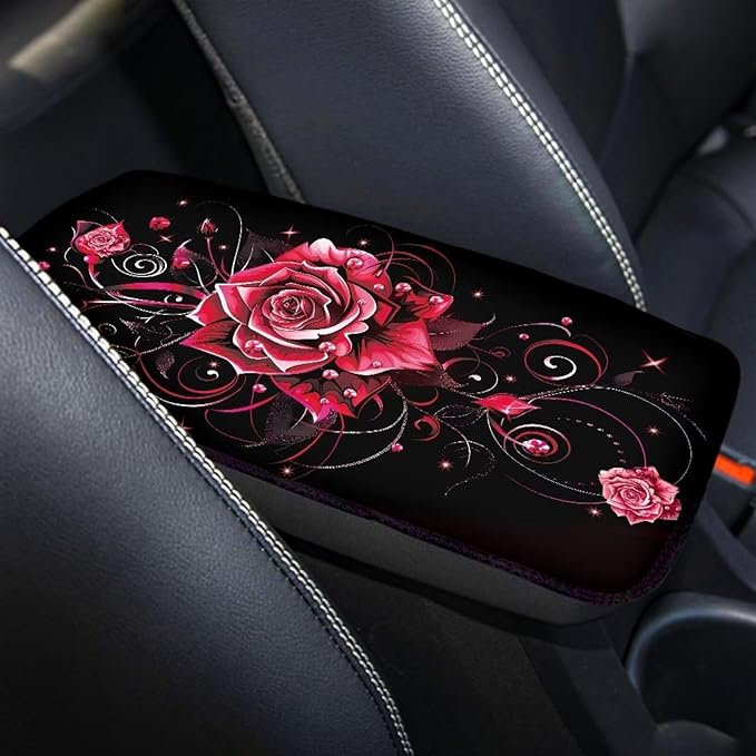 Dreaweet Red Rose Car Accessories Center Console Cover Arm Rest Cover for Car SUV Truck Center Console Cushion Pad Car Armrest Seat Box Cover Protector