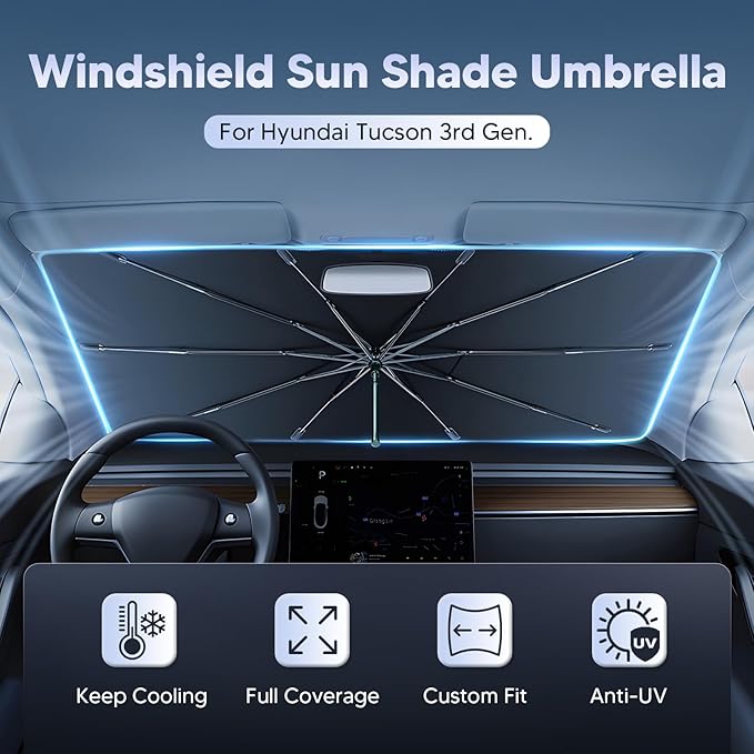 Autorder Windshield Sun Shade Umbrella for 2016-2021 Hyundai Tucson Accessories,Upgraded Ice Crystal Material,Easy Setup Umbrella Sunshade for Car Windshield,100% Sun Blocking