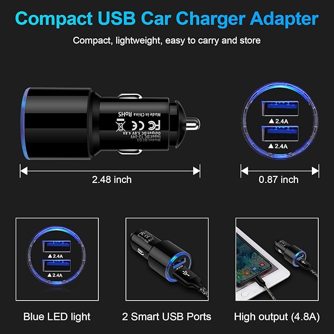 USB Car Charger, 2Pack 4.8A Fast Charging Dual Port USB Cigarette Lighter Adapter for iPhone 15 14 13 12 11 Pro Max SE XR X 8 7 6, iPad, Samsung Galaxy S23 S22 S21 S20 S10 S9 S8 S7 A51,Android,Kindle