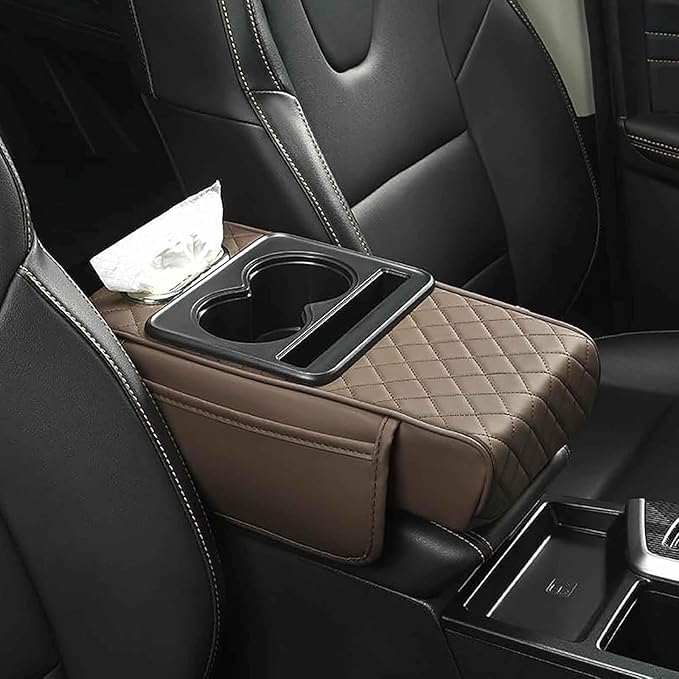 Car Center Console Cover for Hyundai Tucson 2021-2024, Leather Armrest Cushion Protector Pad with Tissue Box Holder Storage Pockets Cup Holder Phone Slot, F/Coffee
