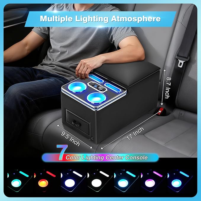 Center Console, Universal Bench Seat Center Console with Fast Phone Charging， Back Seat Car Organizer, Automotive Center Console with Cup Holder & Phone Holder (Black)