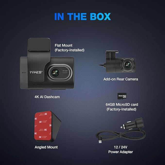 Type S T400 AI-Powered Driver Assistance 4K Dash Cam with ADAS, Collision Warnings, Lane and Pedestrian Detection, Vehicle Departure Reminders, Front Rear Smart Incident Video Surveillance, SD Card