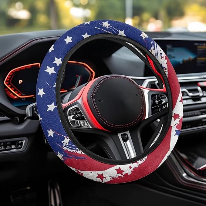 AFPANQZ Elastic Steering Wheel Cover, USA Print Non-Slip Steering Wheel Protective Covers for Women Men Car Accessories Universal 15 Inch Fit Auto, Suvs, Truck