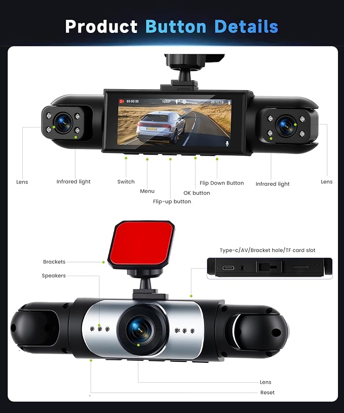 4 Channel 360° Dash Camera Front and Rear Inside Left Right, 3.16 Inch Dash Cam for Cars, Built-in Night Vision, Sensitive Motion Detection 24/7 Recording Parking Mode Monitor Reversing Help