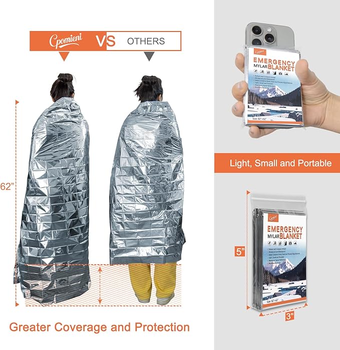 6 Pack - Large 82” x 62” Survival Emergency Mylar Thermal Blankets, Thermal Survival Blanket Perfect for Camping, Hiking, Body Insulation, Outdoors, Car Survival Kit, Bug Out Bag
