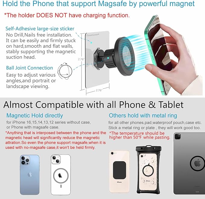 OCEANLOVE for MagSafe Wall Mount Magnetic Phone Holder, Self-Adhesive, 360 Rotatable, Waterproof, Compatible with iPhone 17/16/15/14/13/12,All Phones, Shower Mirror Car Glass Bathroom Kitchen(Black)