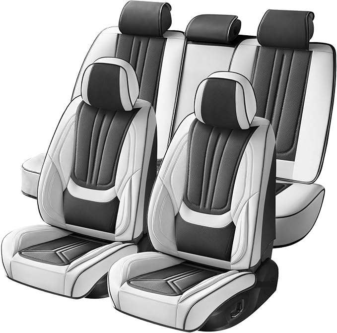 Car Seat Covers, Premium Leather Car Seat Covers, Waterproof and Breathable Seat Covers, Universal Car Seat Protector Fit for Cars, Trucks, SUVs, Pick-ups (Black & White, FullSet)