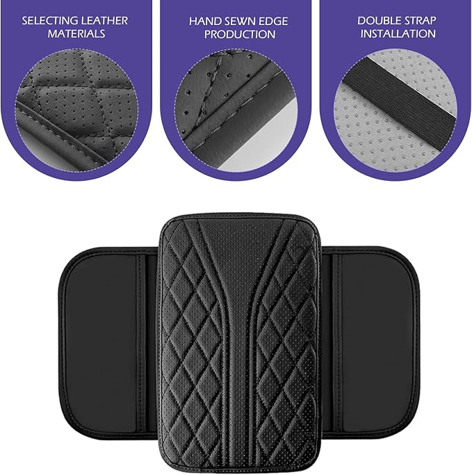 Car Center Console Cover, Leather Center Armrest Cover with Storage Bags, Automotive Heightening Console Protection Pad, Universal for Cars, Trucks, SUVs (Black)