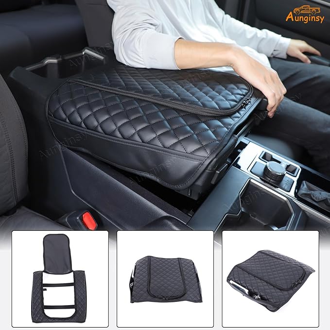 Center Console Armrest Cover Compatible with Toyota Tundra 2022+ Sequoia 2023+ Leather Middle Console Cushion Lid Pad Waterproof Anti-Scratch Armrest Seat Box Cover With Pocket Storage Bag Accessories