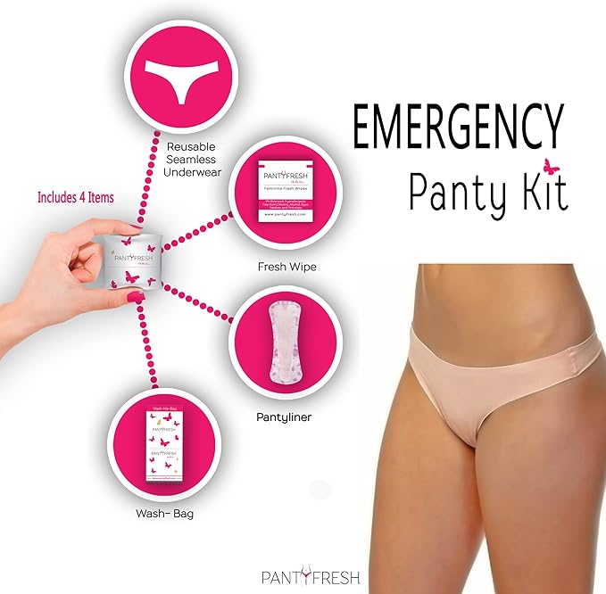 4in1 Essential Hygiene Kit Includes Seamless Thong Underwear, Fresh Wipe & Panty Liner - Accidents Travel Toiletry Kit On-the-Go Period Kit